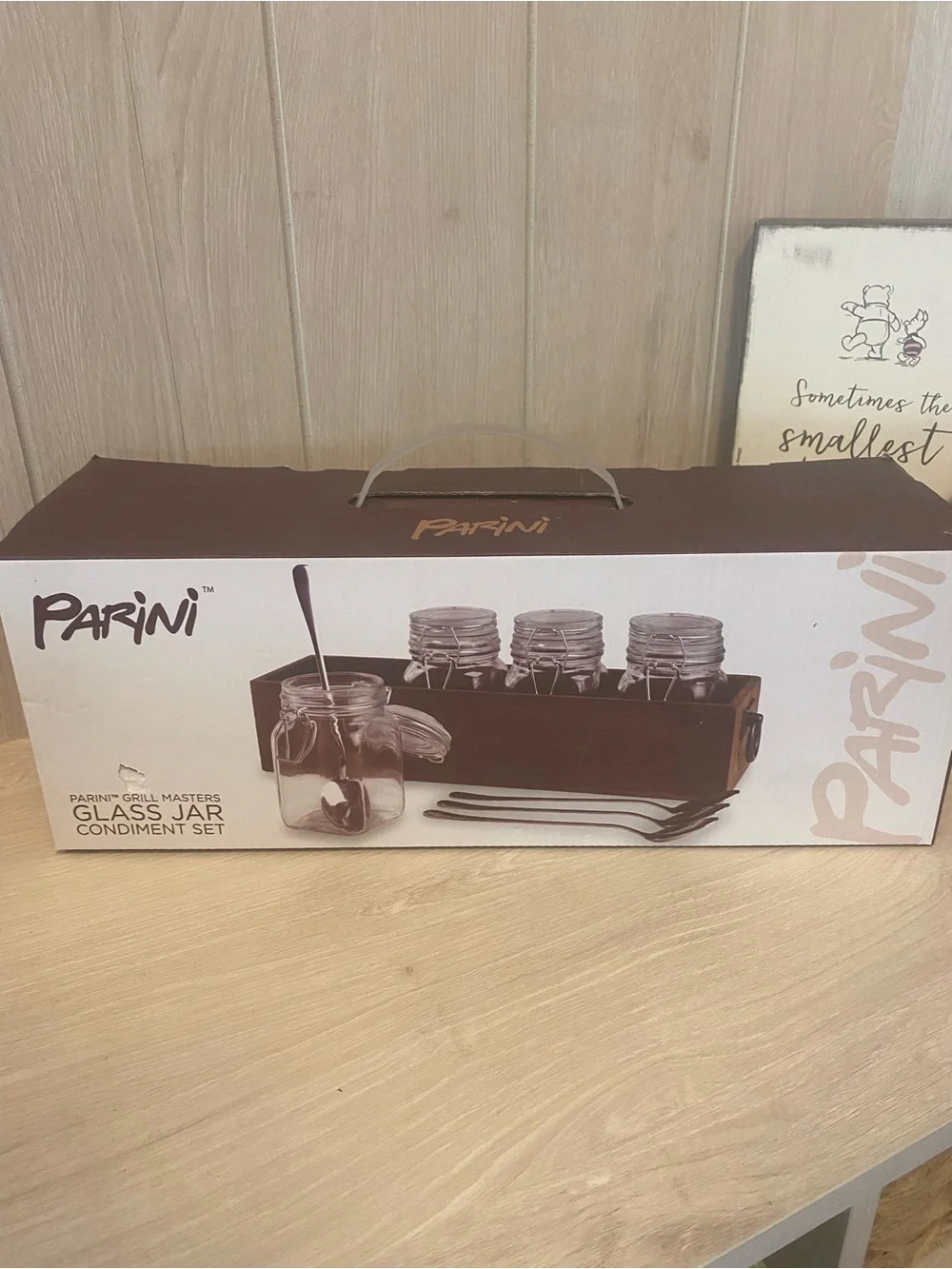 Parini Brown Glass Jar Condiment Set with Wooden Caddy
